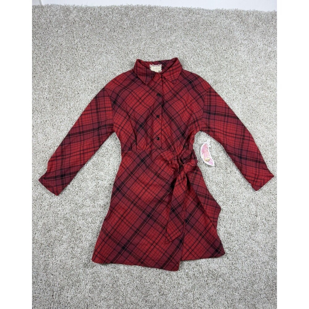 Btween Girls Plaid Shirt Dress Size 10 Red Black Belted Long Sleeve NWT